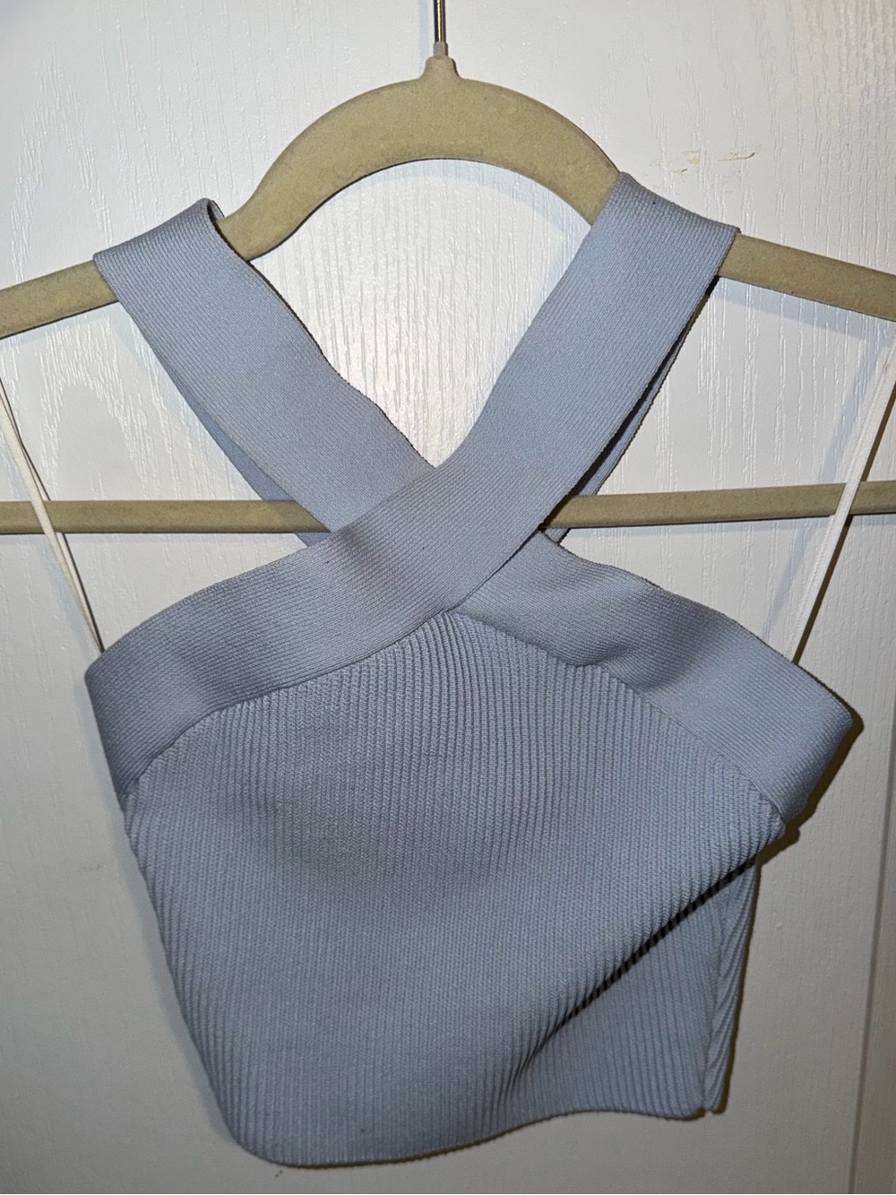 Babaton Light Blue Ribbed Cross-Back Crop Top - Size xs